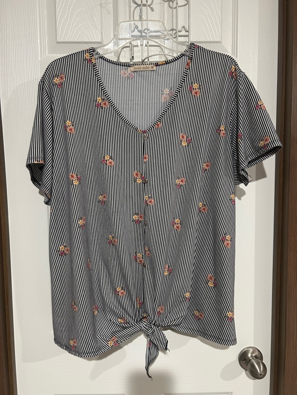 Striped V-Neck Tie-Front Women’s Top - Black & White with Pink Floral 3x